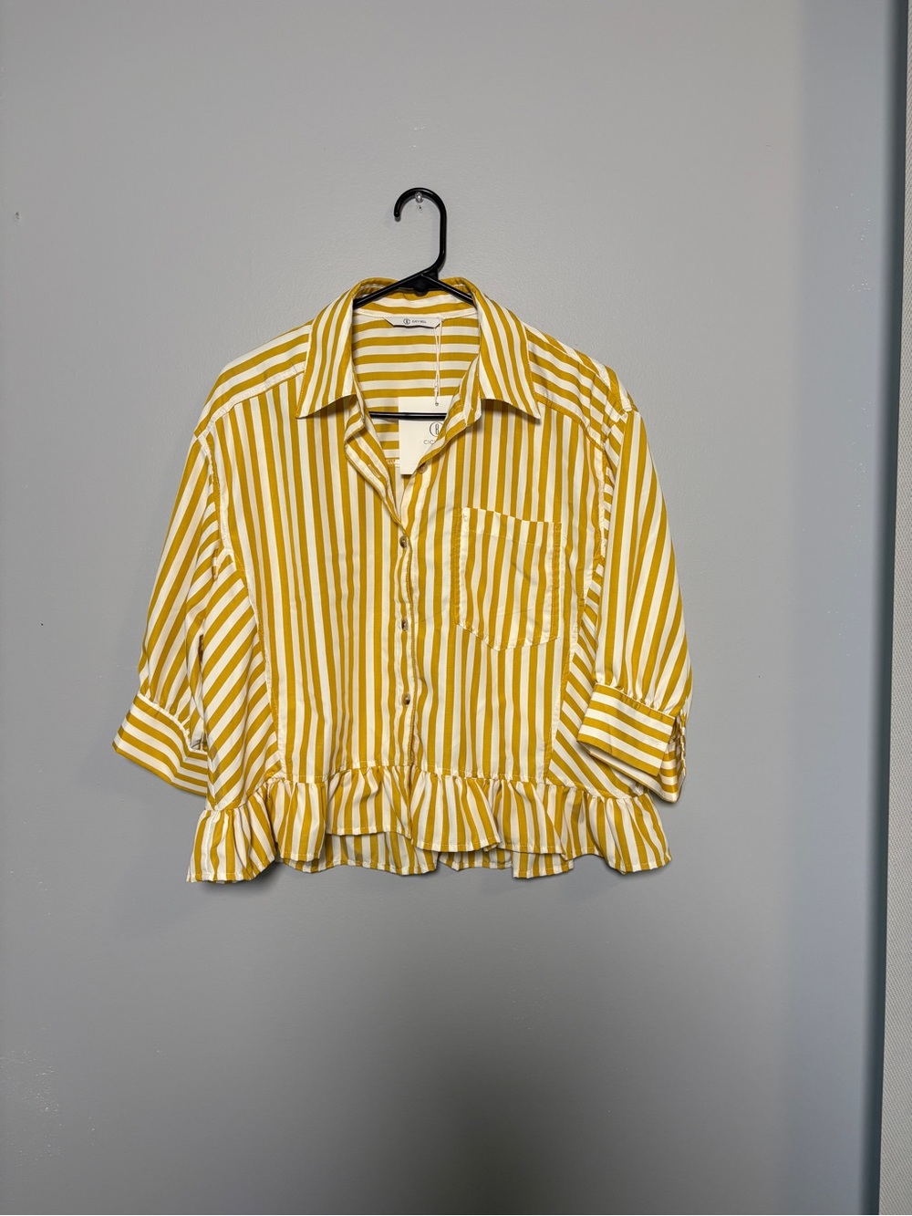 Yellow Striped Ruffle-Hem Button Front Blouse